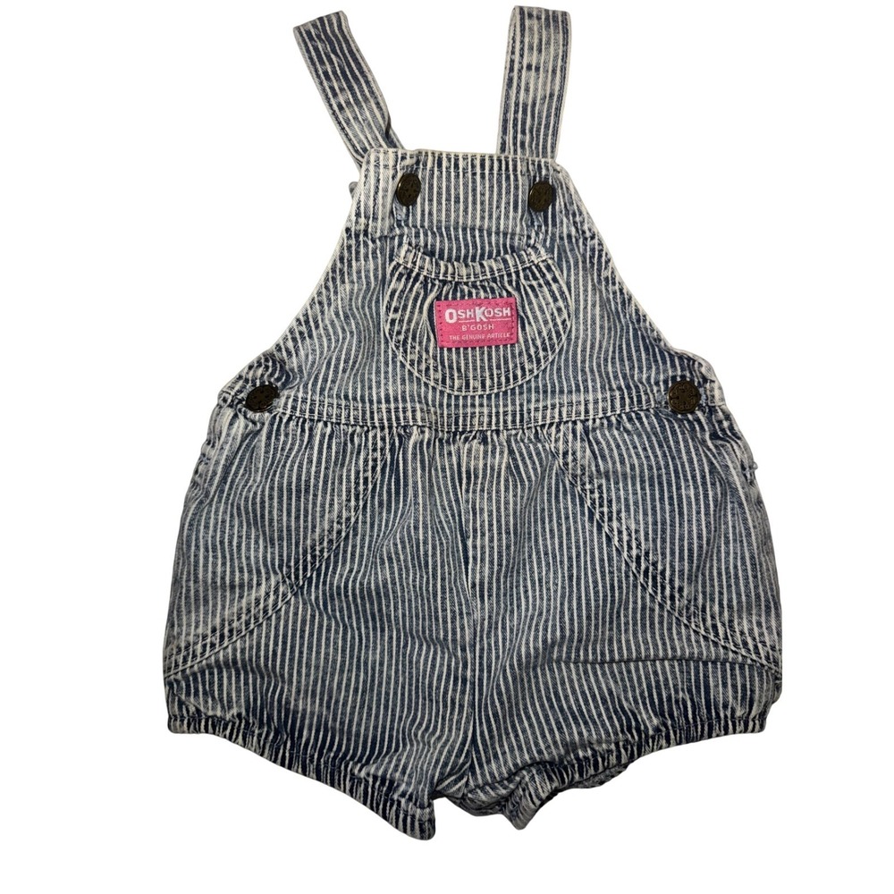 Vtg OshKosh B'Gosh Hickory Stripe Denim Overalls Shortalls Pink Label 18M USA